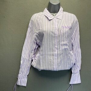 Savage X Fenty Women XS Striped Long Sleeve Collared Sleep Shirt Lavender White